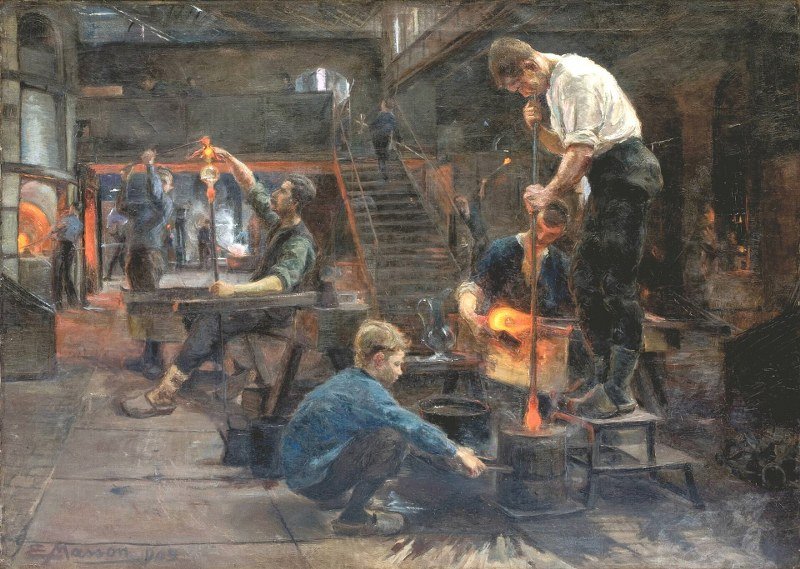 Painting by Édouard Masson of the glassblower's workshop at the Val Saint-Lambert Crystal factory